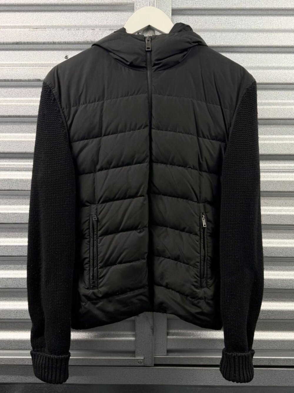 JIL SANDER AW12 Black Wool Nylon Down Puffer Hooded Jacket Mixed Panel Sz IT 48